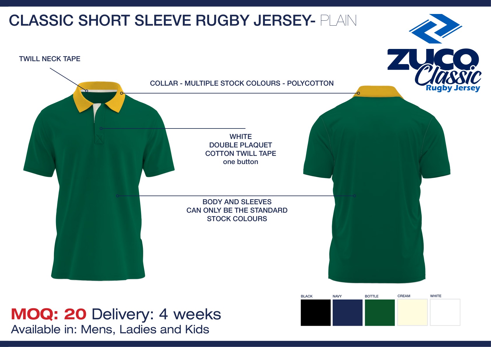 Plain rugby jersey - short sleeve spec sheet